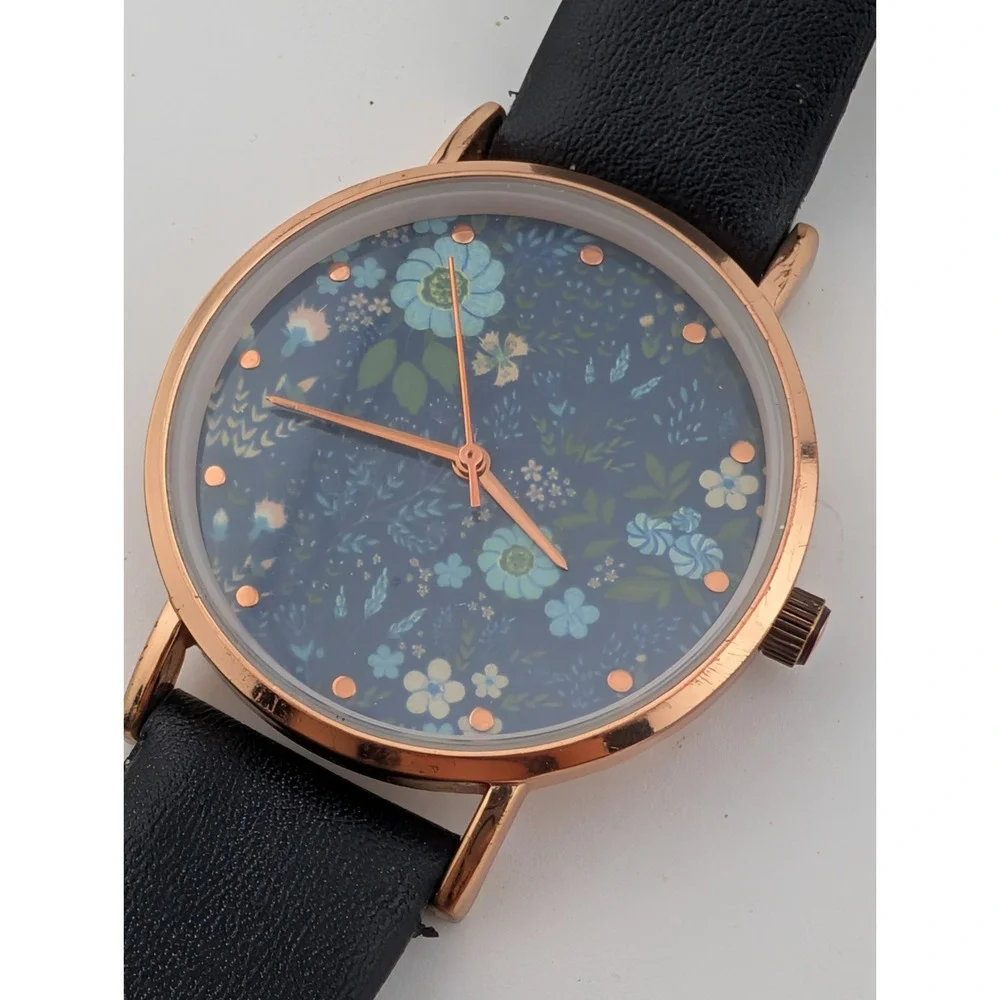 Women's‎ Floral Dial Watch 36mm Rose Gold Case Black Faux Leather Band- Working